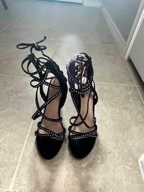 Black Studded Lace-Up Women's Heels